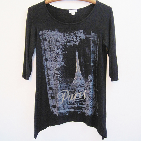 Paris Eiffel Tower-Knit Black T-Shirt-Shaped Hem - Picture 2 of 5